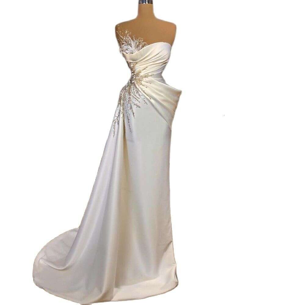 STEVDITG Fashion Pearls White Wedding Strapless Sleeveless Beading Feather Floor Length Mermaid Gowns Bride Dress
