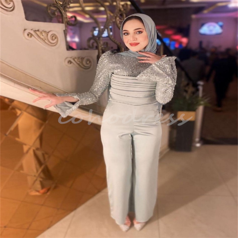 Silver Muslim Evening Dresses With Sequin Elegant Saudi Arabic Turkey Jumpsuit Prom Dress Pantsuit Birthday Formal Occasion Party Wear Vestio De Gala