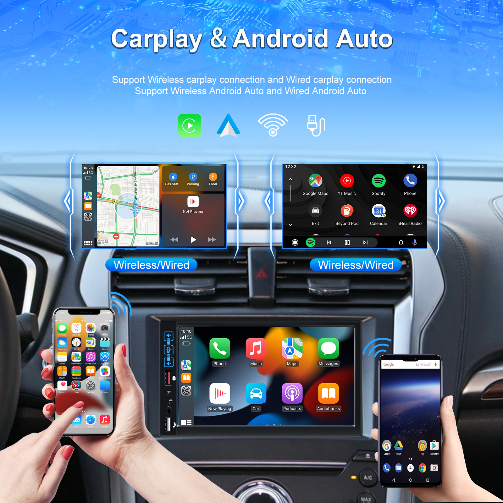 Podofo 7" 1Din Car Radio LCD Multimedia Video Player Bluetooth Mirror Link Carplay Android Auto Rear View Camera Audio Stereo