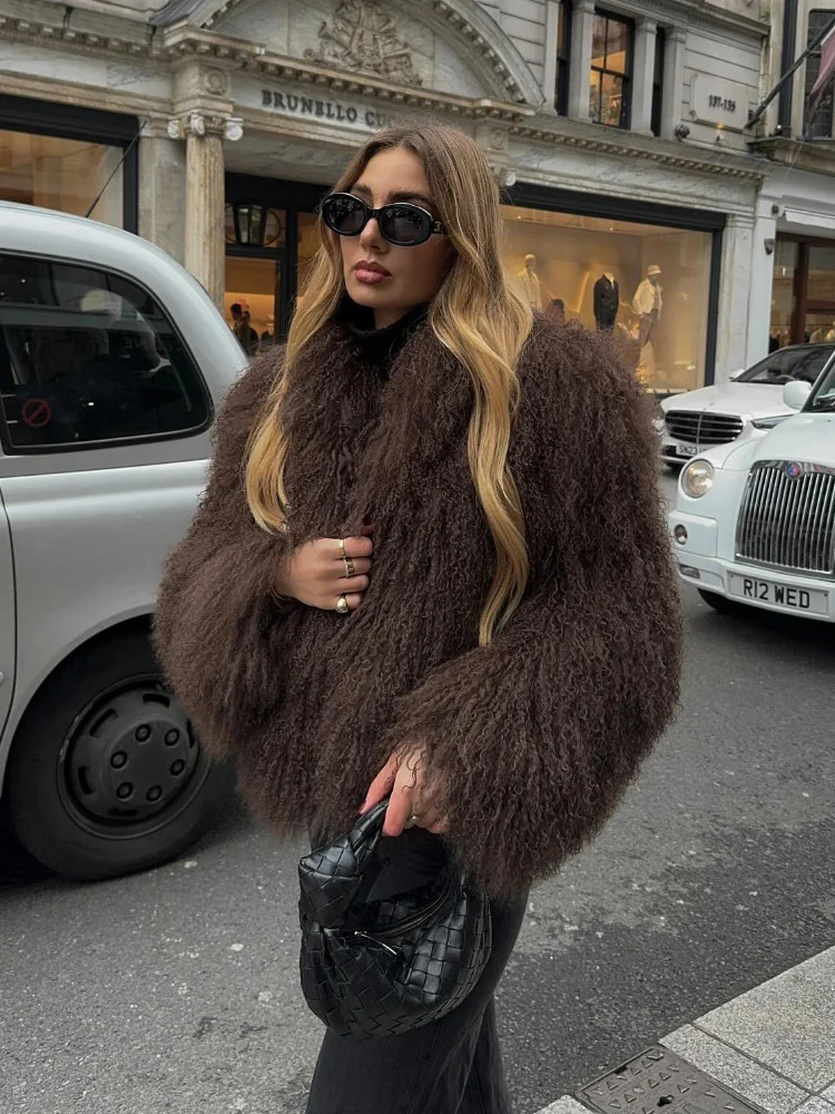 Winter Solid Fluffy Fur Coat Womens Street Collar Faux Fur Jacket Womens Casual Coat 241108