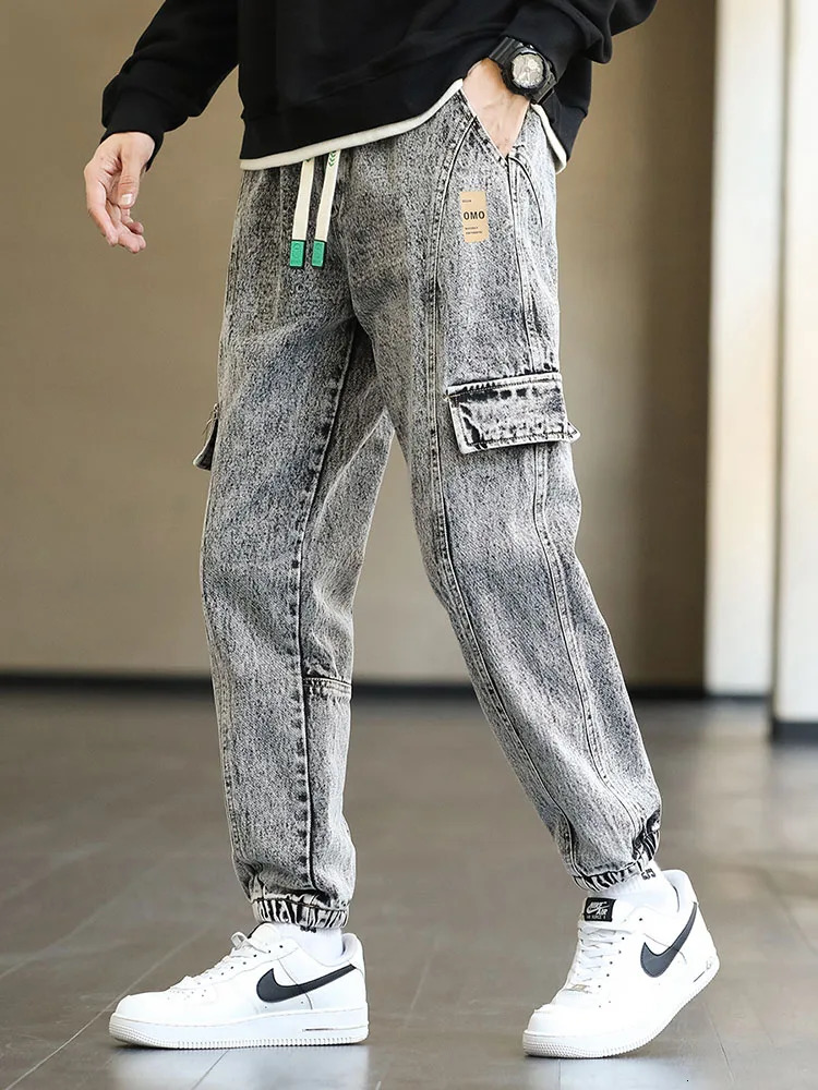 Plus Size Mens Cargo Jogger Jeans Hip Hop Streetwear Pockets Stretched Cotton Casual Denim Pants Baggy Jean Trousers 8XL 241111