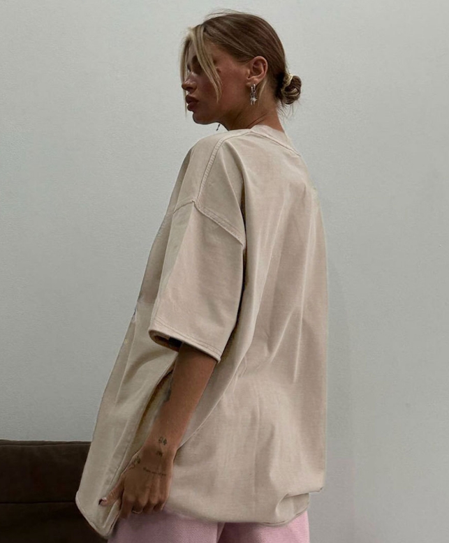 Women's T-Shirt Relaxed Fit Vintage Cotton - Elegant Round Collar Lightweight Wash Treatment for Easy Wear H25215