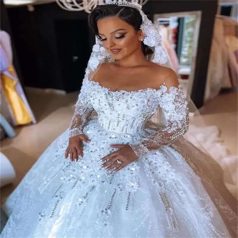 Dresses Wedding White Bridal Gowns A E O Neck Long Sleeve Sequins Applique Beaded Zipper New Custom Plus Size Lace Up Ivory Illusion Sequined