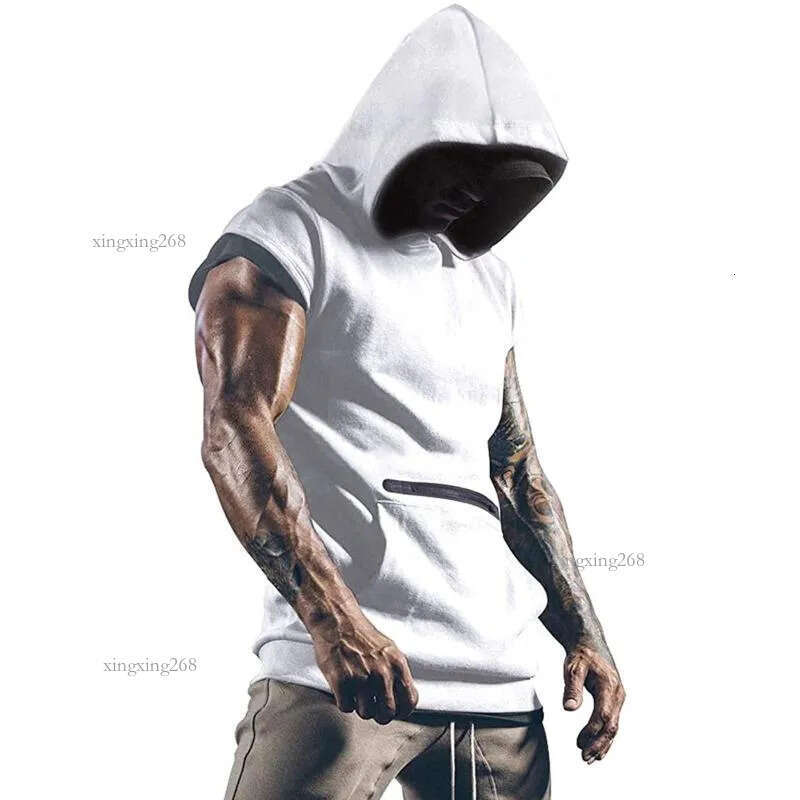 Gyms Clothing Mens Bodybuilding Solid Hooded Tank Top Cotton Sleeveless Vest Sweatshirt Fitness Workout Sportswear Tops Male Men's T-Shirts