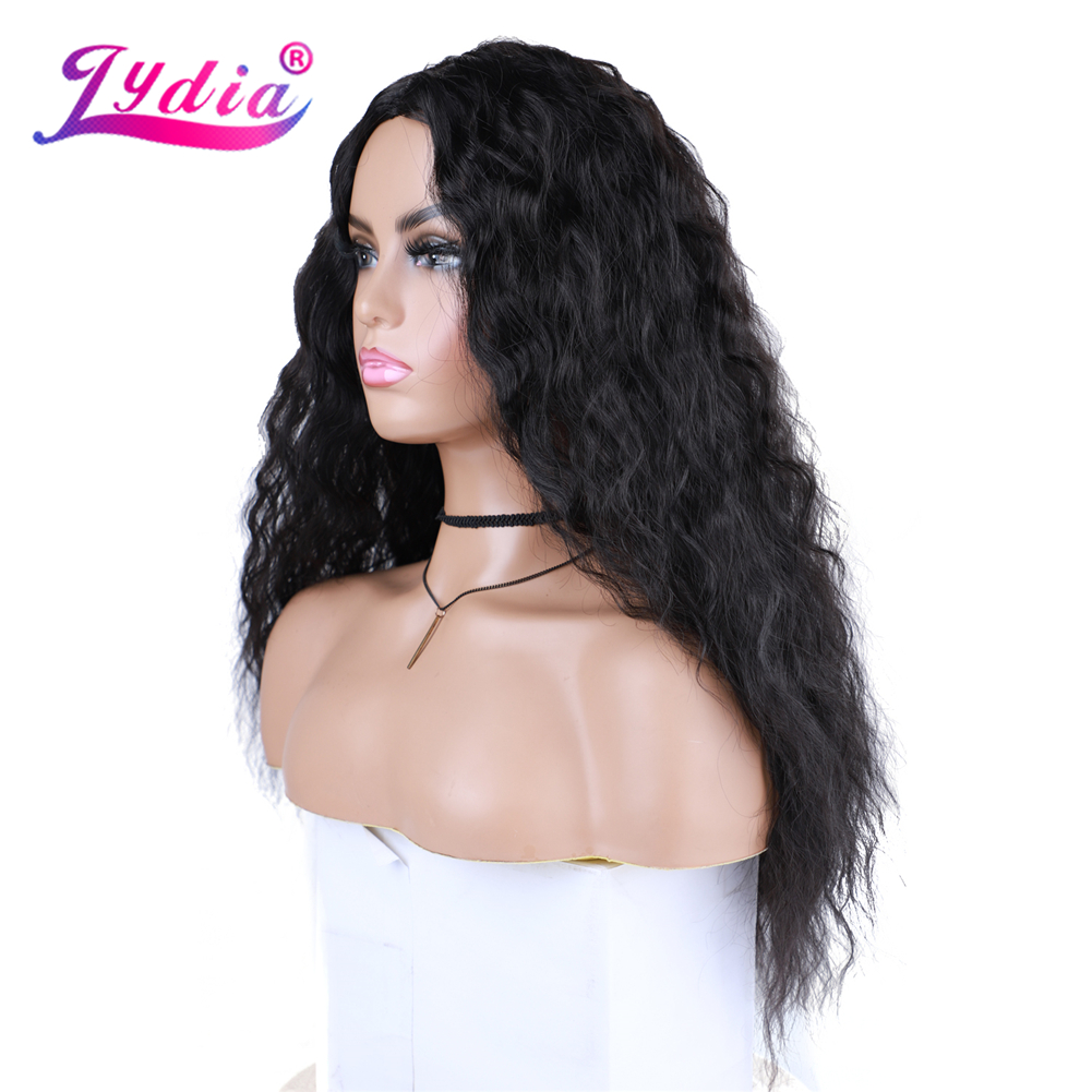 Lydia Long Kinky Curly Synthetic Hair Skin Topper Wig For African American Women Water Wavy Black 20Inch High Temperature