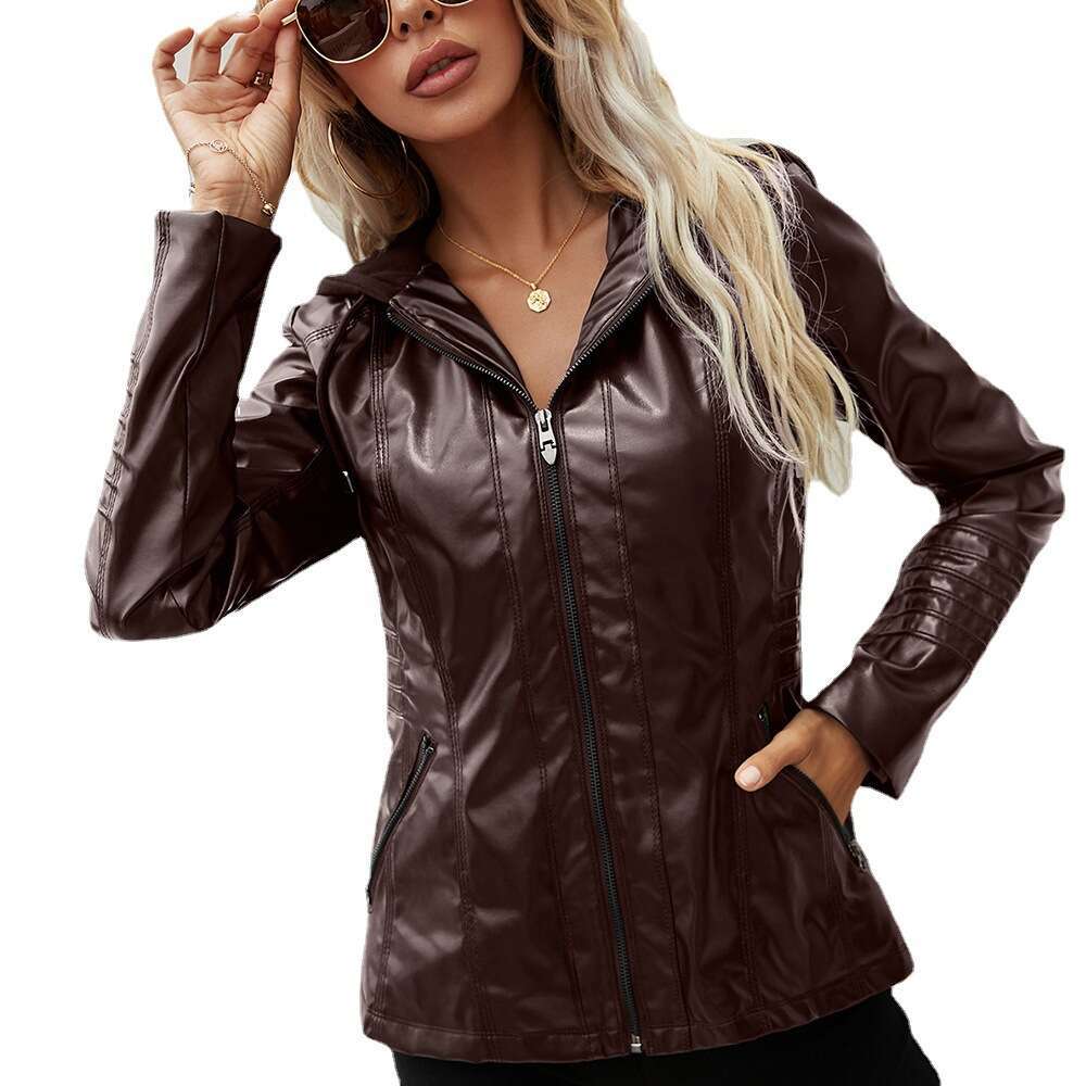 shanshi leather jacket women Hooded zipper long sleeved solid color women's leather jacket for women