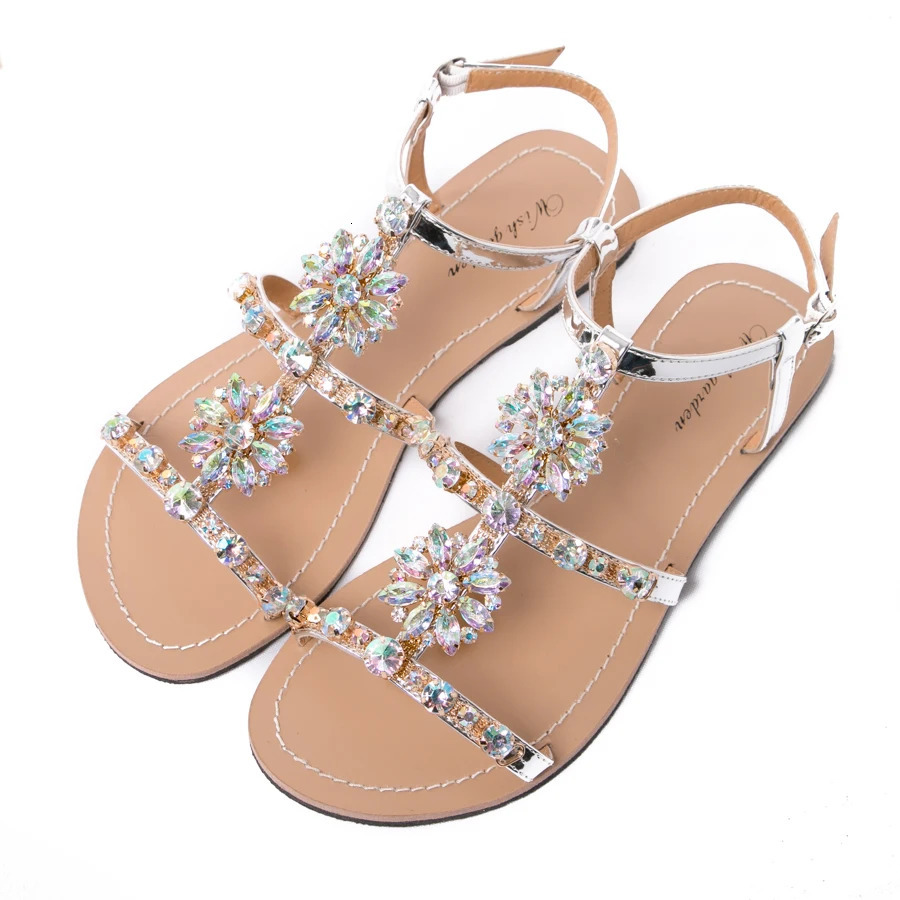 Summer Women's Peep Toe Bohemia Sandals Female Diamond Flat Shoes Lady Casual Beach Rhinestone Shining Slippers Plus Size 240401