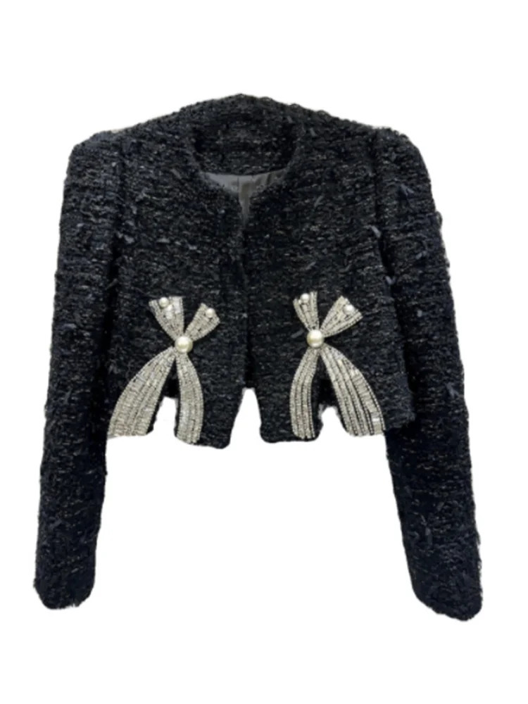 DEAT Fashion Womens Daimonds Bows Shoulder Pad Tweed Caots Autumn Items Oneck Long Sleeves Jackets Female 11XX6643 241111