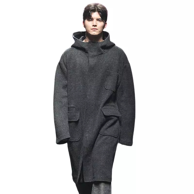 Men's Hooded Woolen Coat Autumn And Winter New Loose Gray Youth Leisure Hooded Simple Long Coat