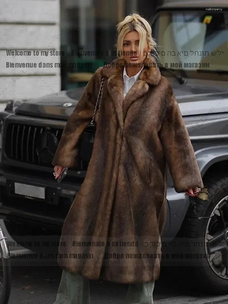 Women's Fur Coat Winter Fluffy Plush Warm Thicken Outerwear Dark Brown Faux Long Overcoat Single Breasted Fleece Trench