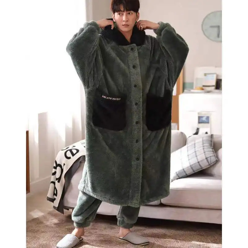 Coral Fleece Nightgown Mens Winter Plus Size Suit Thicken Warm Bathrobe Fashion Male Pama Set Robes Sets 241111 B3