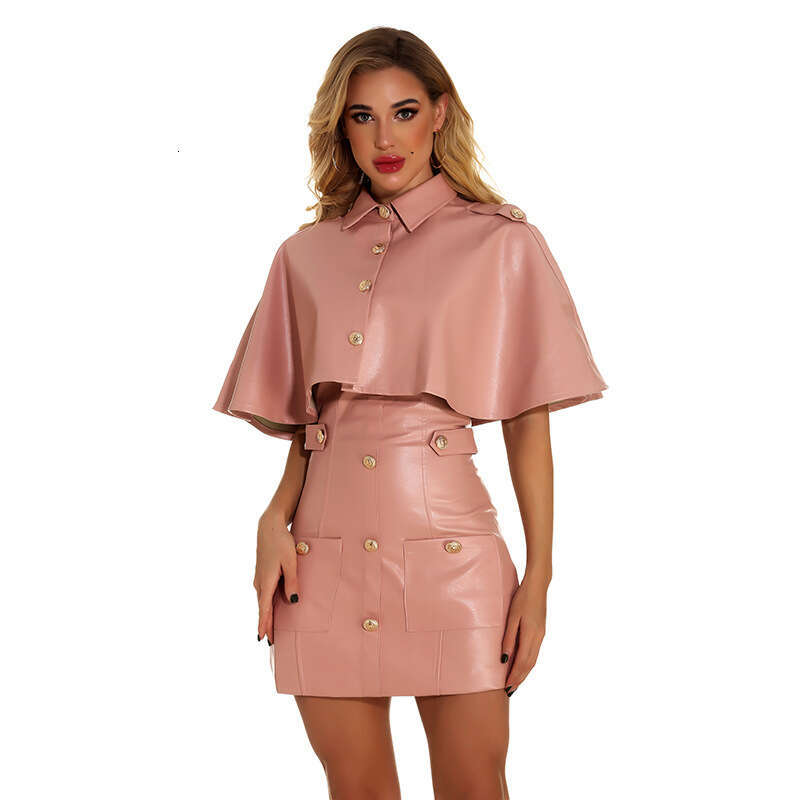 shanshi leather jacket women Spring New Women's Pink Fashion 2-piece shawl sexy dress high-end temperament leather skirt