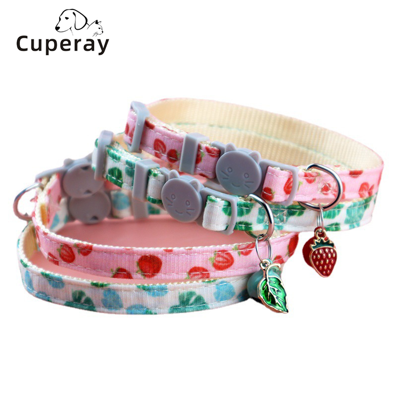 Cat Collar Adjustable Printed Pet Collar with Bell Strawberry and Green Leaf Leash D Ring for Kittens & Puppies Pet Accessories