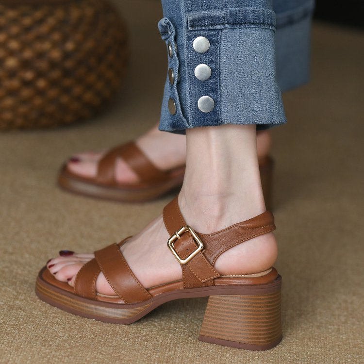 Summer Real Soft Leather Thick Heel Vintage Brown Sandals Women's Cross One Line Strap High Heel Mary Jane Sandals