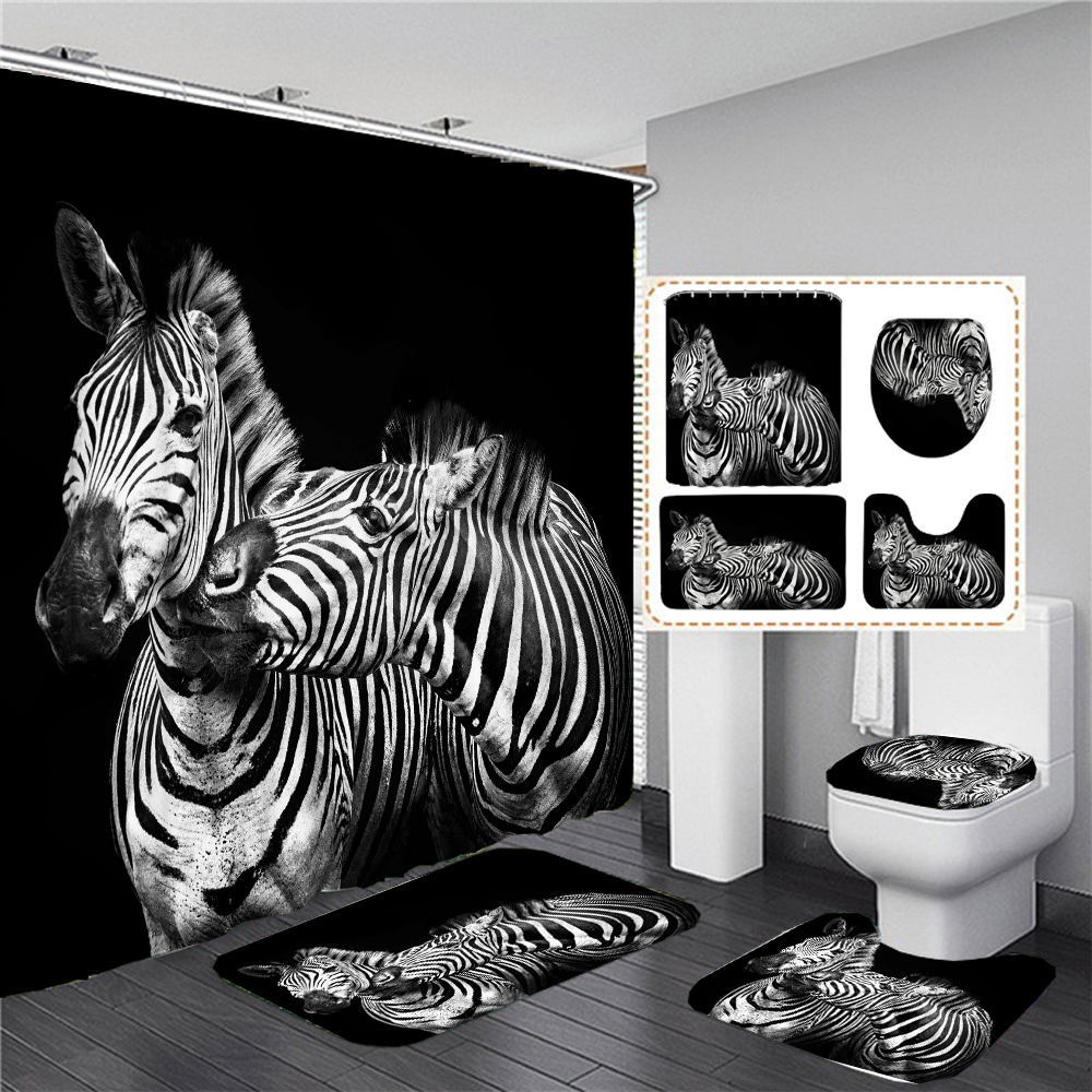 Zebra Animal Bath Shower Curtain Waterproof Polyester Washable Non-Slip Mat Rugs Carpet Toilet Seat Cover Bathing Bathroom Decor