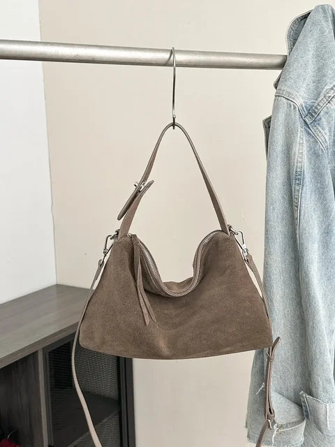 Soft Matte Suede Women's Handbag Autumn Cowhide Shoulder Crossbody Bag Simple Leather Colletion Grey Brown Tote New For Winter Genuine Leather Zi
