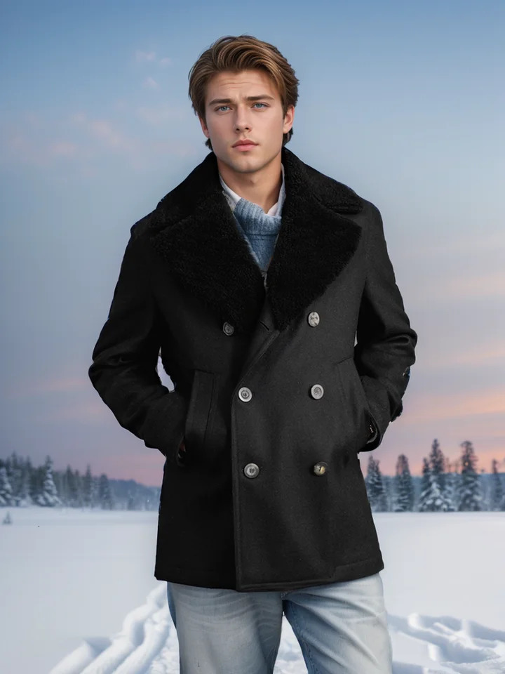 Autumn and winter mens woolen coats cashmere fur collar doublebreasted slim 241108