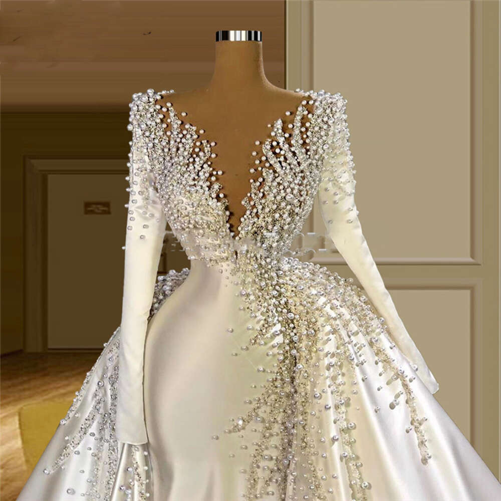 Pearls Wedding Fashion Long Sleeves Customized Bridal Gowns Removable Skirt V-neck Court Train Bride Dress 2023