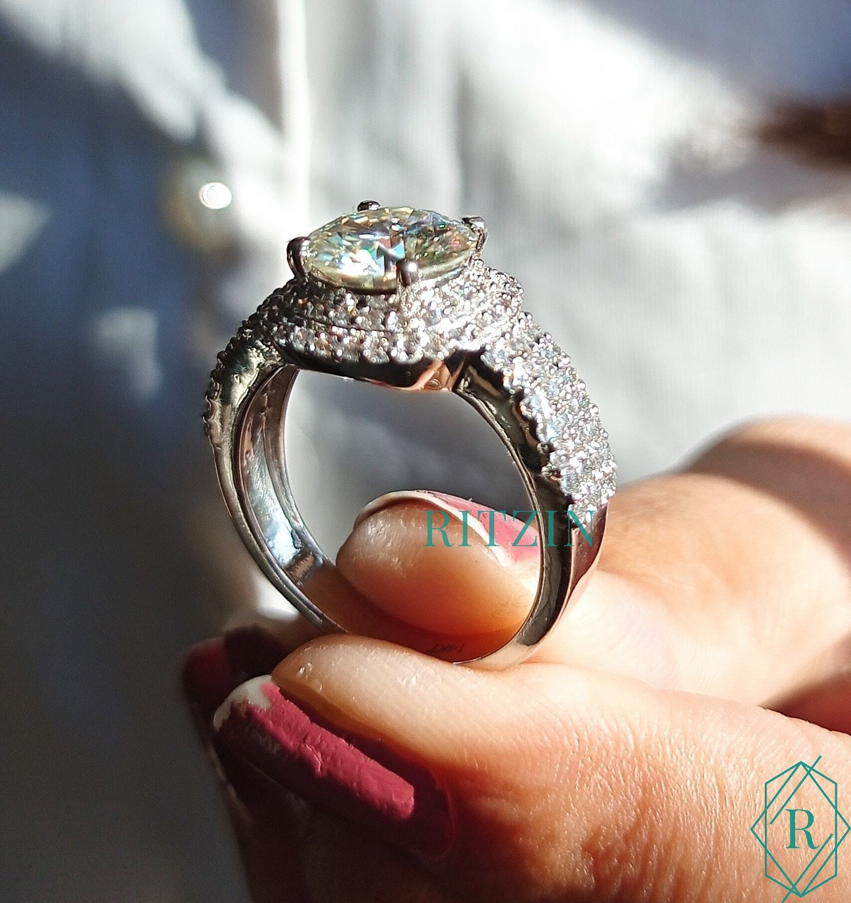 2.00 CT Round Cut Double Halo Moissanite Engagement Ring, Three Shank Ring gorgeous