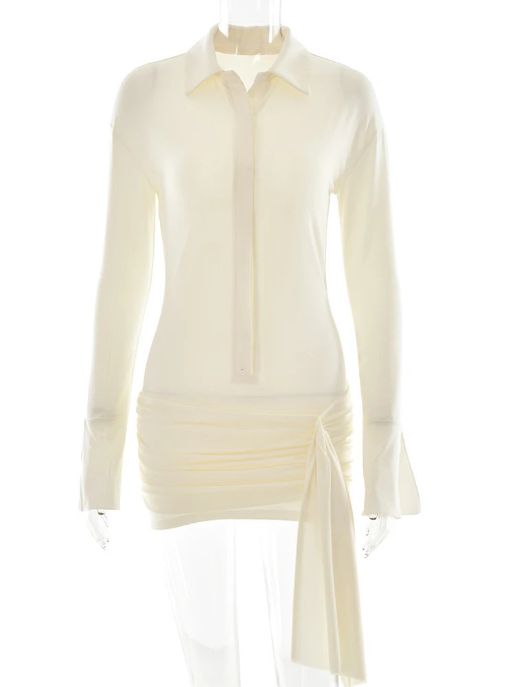 Fantoye Turn-down Collar Bandage Ruched Women Dress Long Sleeve Single Breasted Dress Autumn Skinny Elegant Vacation Party Dress 241111