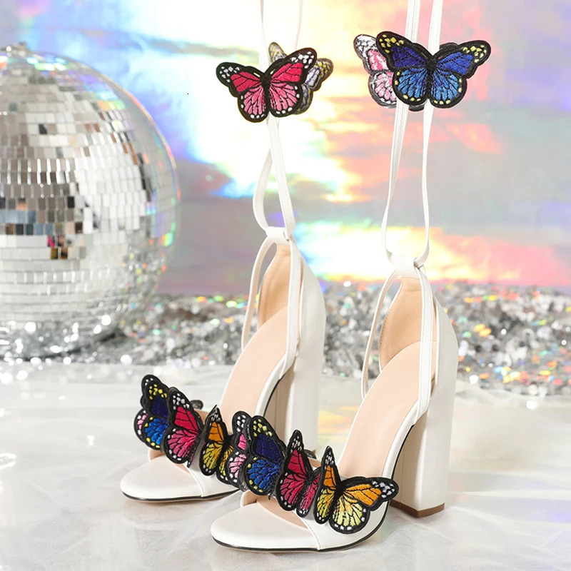 Liyke 2025 Arrivals Open Toe White Sandals For Women Handwork Embroidery Butterfly Lace Up High Heels Party Dress Shoe Pumps 240407
