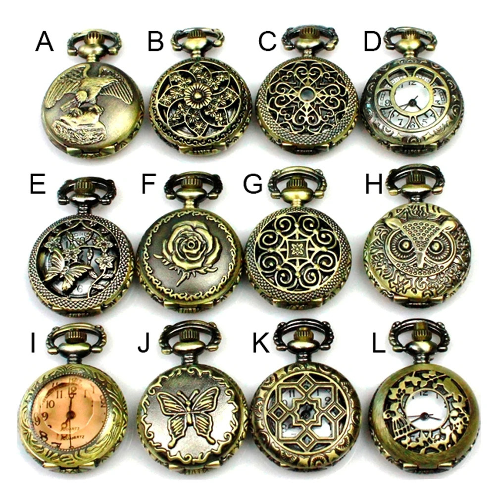 APW001 Wholesale 12 Mixed Antique Bronze Flower Owl Pocket Watch Butterfly 12 pieces/batch diameter 2.7cm. 241108