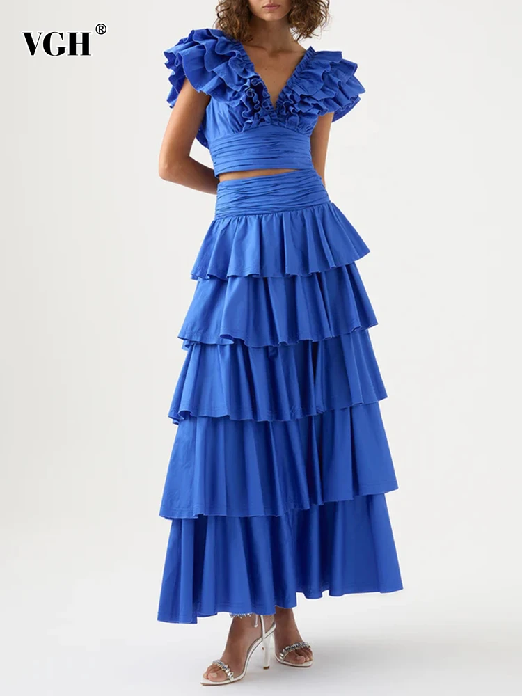 VGH Solid Two Piece Sets For Women V Neck Butterfly Sleeve Folds Crop Tops High Waist Tierred Pleated Skirt Casual Set Female