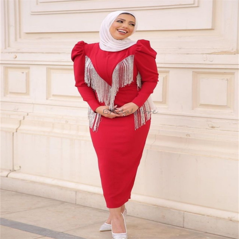 Red Evening Dress Saudi Arabic Mermaid Muslim Prom Dresses With Tassle Long Sleeve Short Cocktail Party Dress Tea Length Graduation Homecoming Birthda