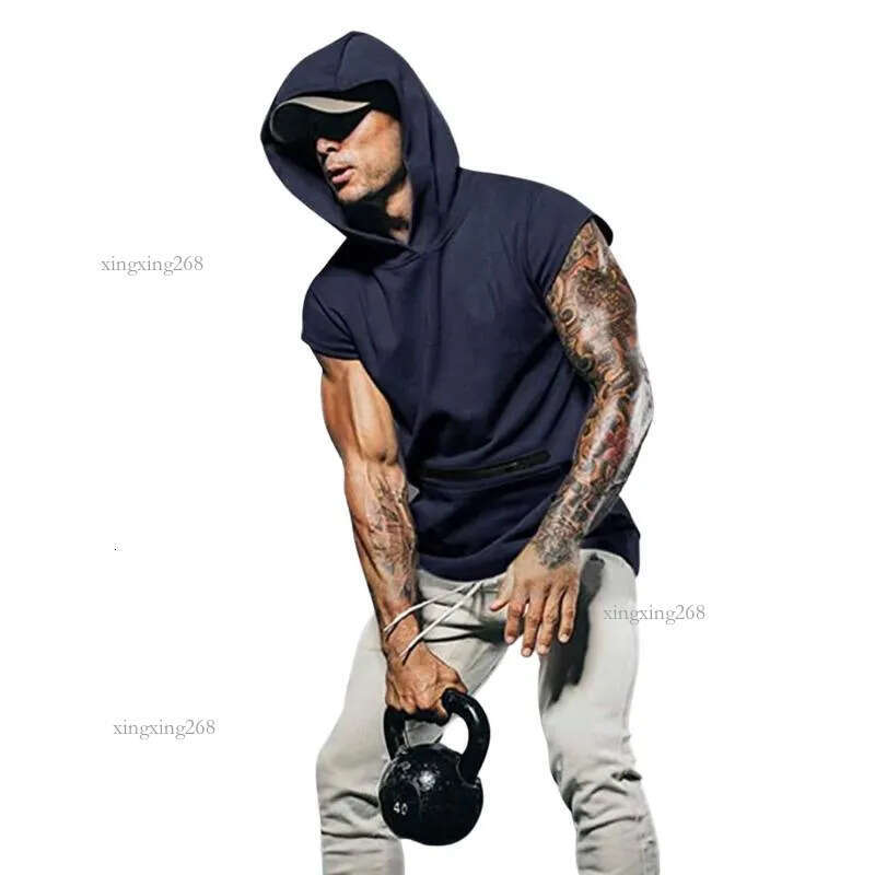 Gyms Clothing Mens Bodybuilding Solid Hooded Tank Top Cotton Sleeveless Vest Sweatshirt Fitness Workout Sportswear Tops Male Men's T-Shirts