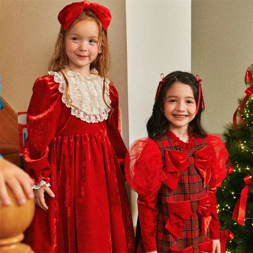 Korean Girls Kids Dress For Autumn Winter Christmas Plaid Bow Princess Party Dress Skirts Childrens Clothing Presale 241111