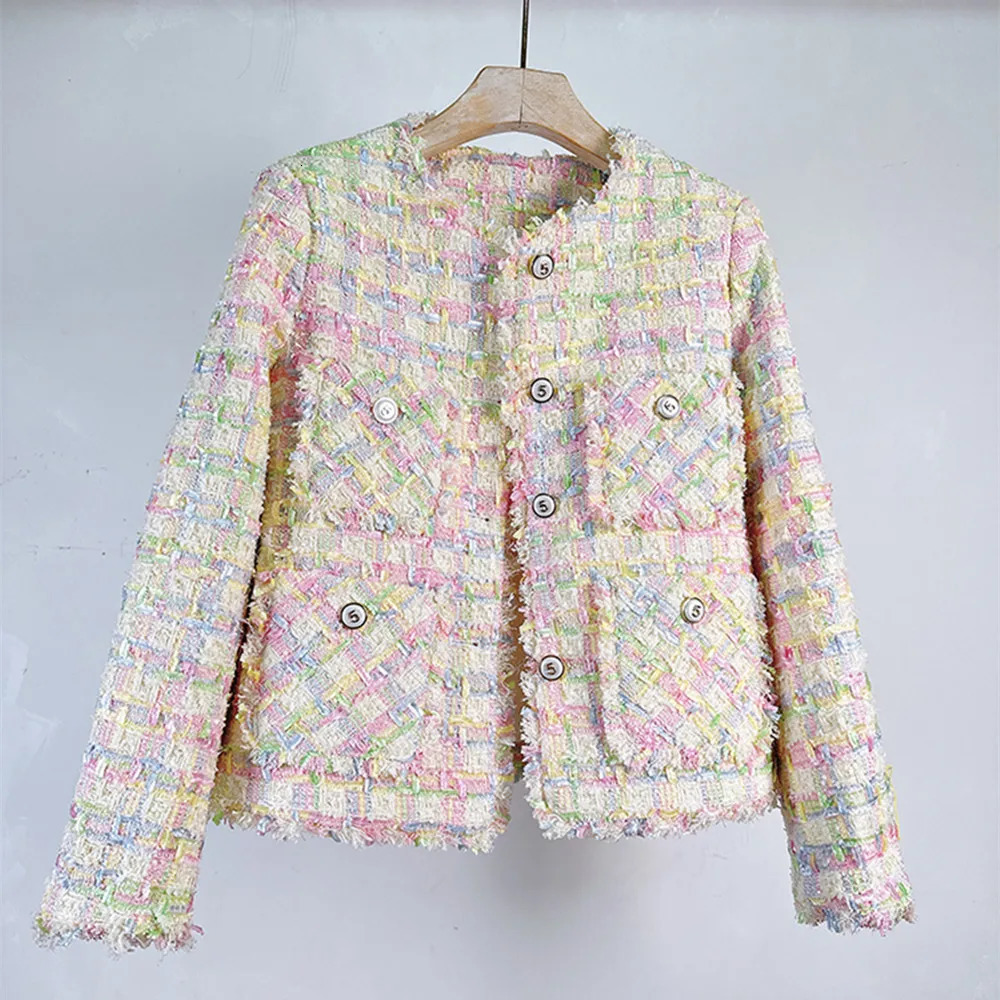 Fall Tweed Jacket Women Vintage Elegant Oneck Double Pockets Outwear Office Lady Fashion Tops Coat 241111