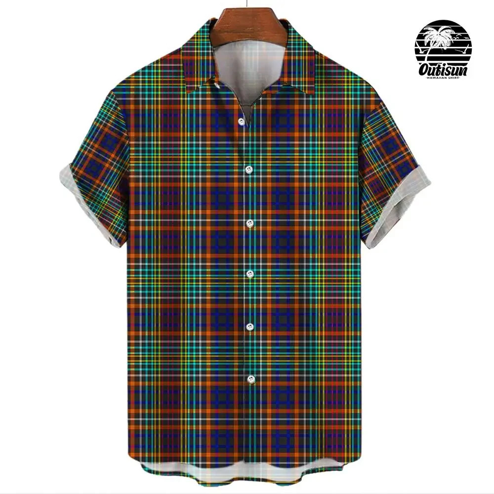 Summer fashion plaid rainbow print mens short sleeved casual shirt Pride Month party clothing street trend party excessive 241111