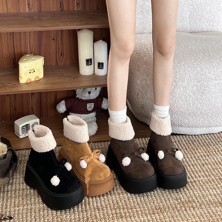 Women's Boots:Fashion Thick Sole Increase Height Snow Boots Winter New Trendy Fleece Warm,Black/Brown,Free shipping