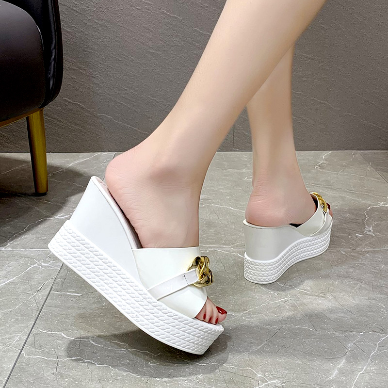 Platform Chain High Heels Slippers Women's Wedding Shoes Summer 2022 New Casual White Black Wedges Slides Ladies Beach Slippers