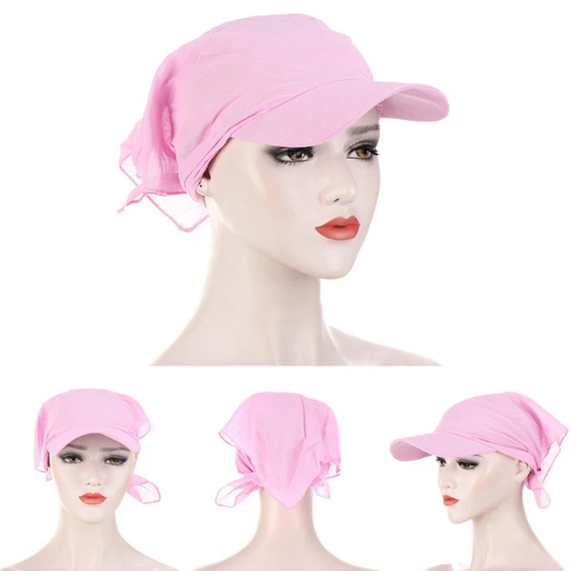Summer Women Wide Brim Cap Sun Visor with Pre-Tied Turban Caps Head Scarf Windproof Bandana Solid Color Outdoor Beach Sun Hat