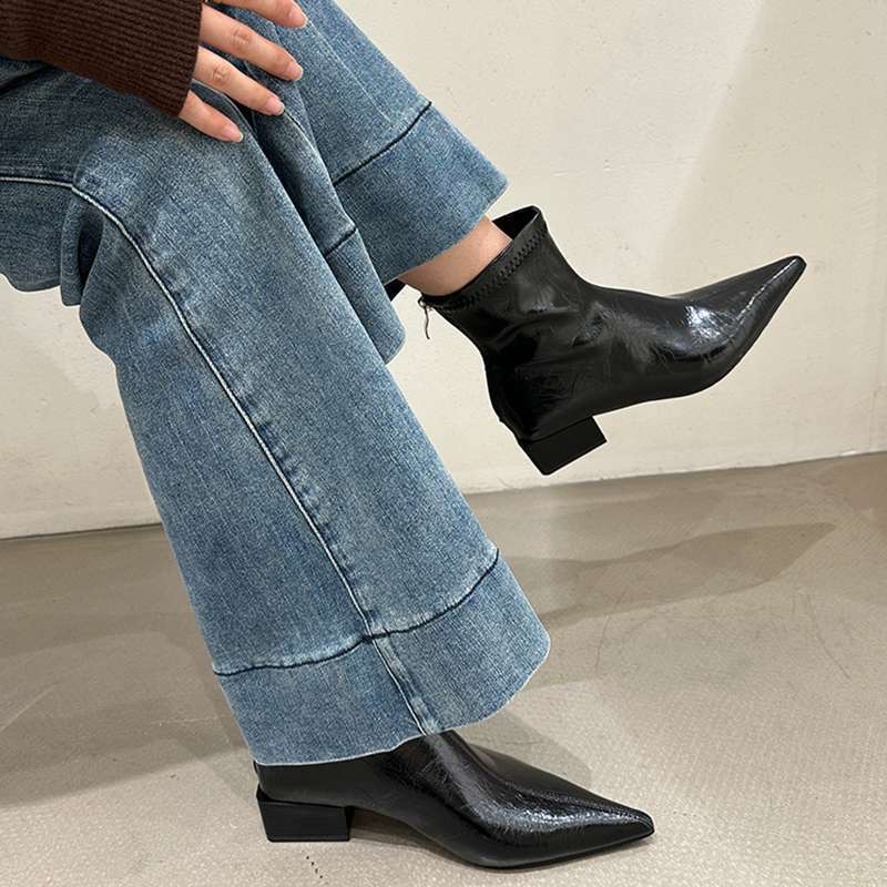 Pointed Toe Women Ankle Boots Fashion Thick Heel Slimming Short Booties Autumn Winter Soft Leather Female Shoes