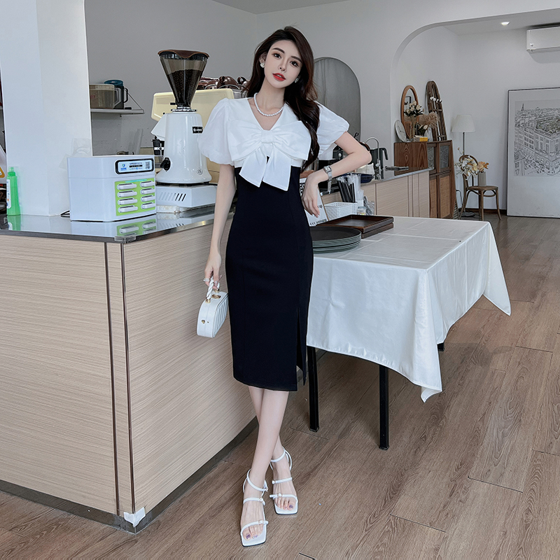 Women Yangyang & Summer FashionFrench Light high-end Luxury Black And White Stitching Bow Female Waist Split Little Black Dress