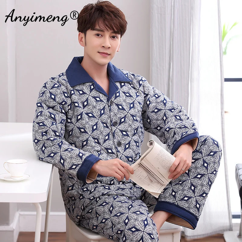 Winter Men Pajama Sets Thick Warm Three Layer Cotton Wine Red Plus Size L3XL Nightwear Man Pijamas 241111