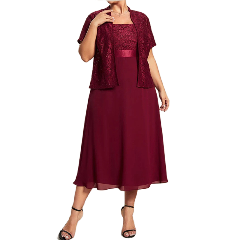 Elegant Tea Length Mother of the Bride Dresses With Lace Jacket 2024 Burgundy Chiffon Wedding Guest Dress A Line Plus Size Prom Formal Wear For Groom 