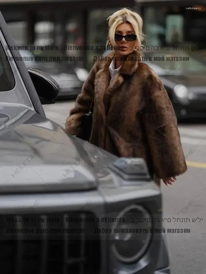 Women's Fur Coat Winter Fluffy Plush Warm Thicken Outerwear Dark Brown Faux Long Overcoat Single Breasted Fleece Trench
