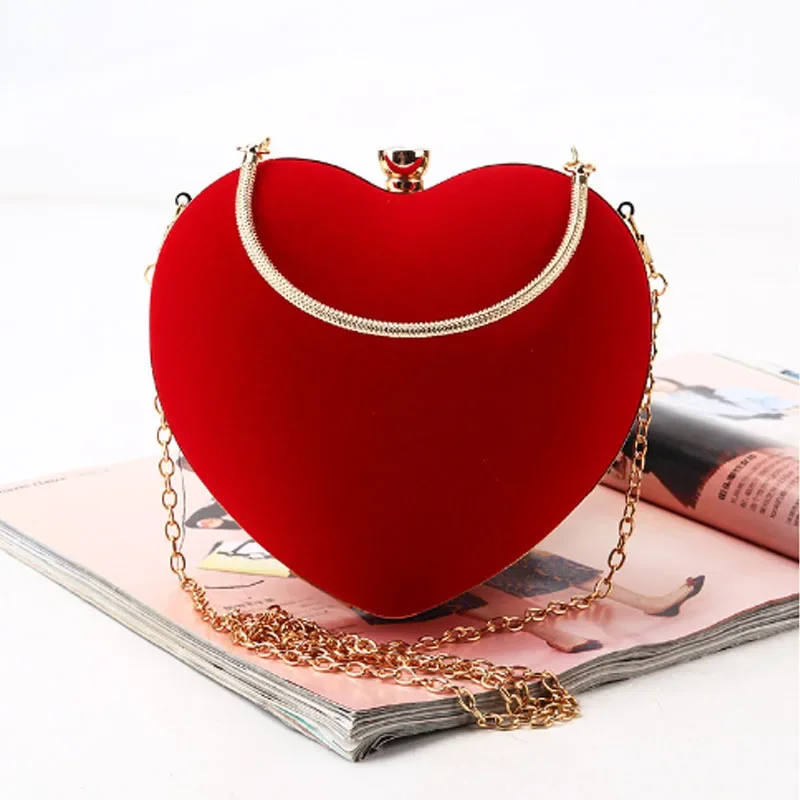 Red Heart Design Women Clutch Small Diamonds Golden Velvet Evening Bags Party Wedding Handbags Purse for Female Purses