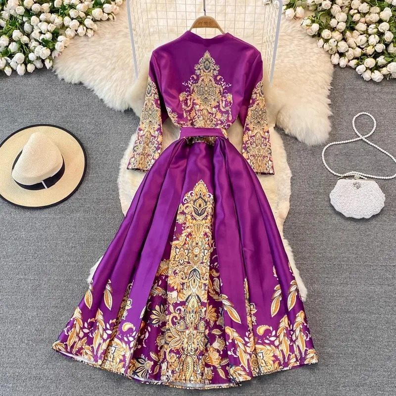 JAMERARY Elegant Flower Print Paisley Midi Autumn Dress Womens V Neck Laces Up Belt Midi Robe Party Vestidos 241111