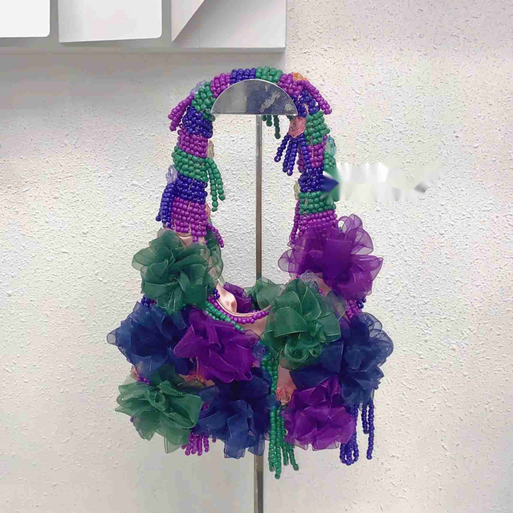 Purple fashion flower bead art niche design ethnic style leisure tourism single shoulder armpit bag 241115