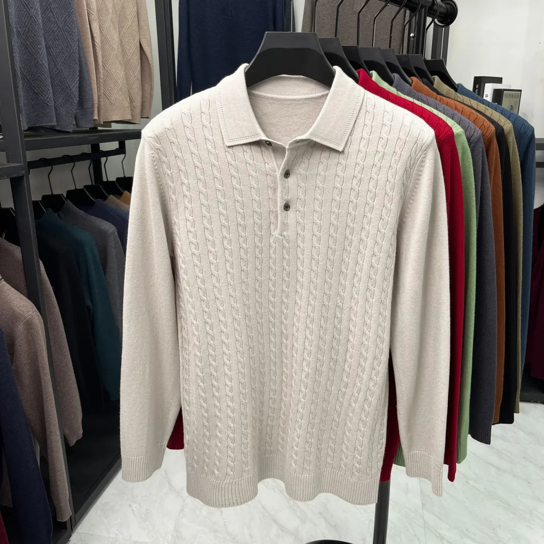 High end fashion jacquard lapel knitted long sleeve Tshirt men autumn and winter thick warm casual Korean version sweater 241111