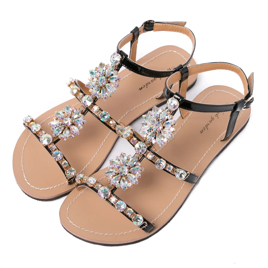 Summer Women's Peep Toe Bohemia Sandals Female Diamond Flat Shoes Lady Casual Beach Rhinestone Shining Slippers Plus Size 240401