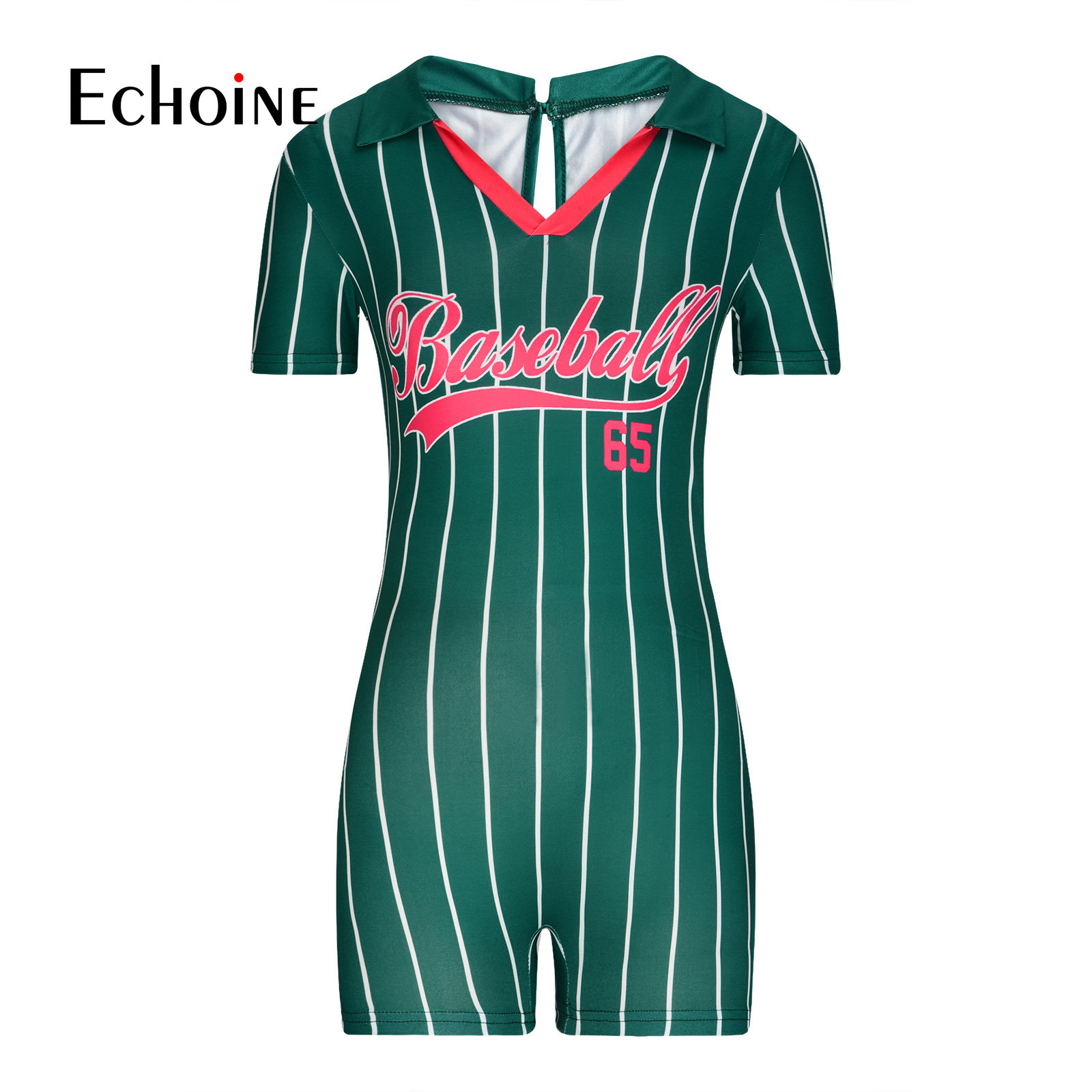 Echoine Womens New Baseball Letter Print Playsuit Summer Sports Rompers Sexy V Neck One Piece Set Tight Shorts Jumpsuit Outfit