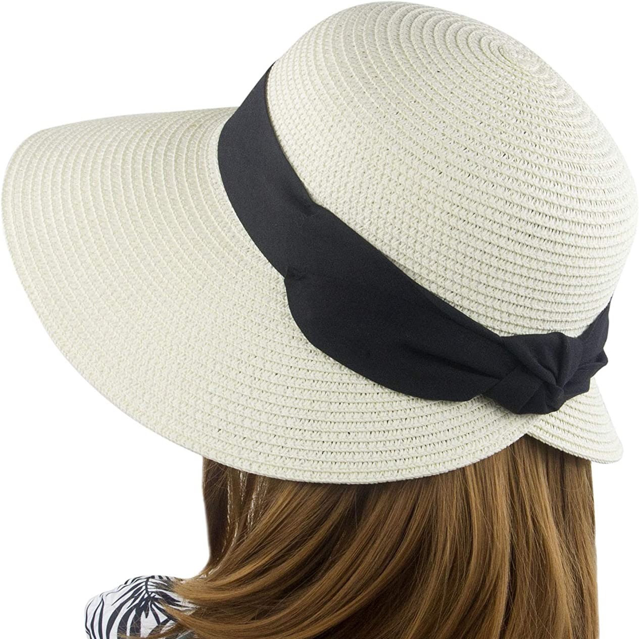 Women's Sun Hat Wide Brim Foldable Bows Straw Hats Summer Travel Beach Panama Cap Dome Bucket Cap Breathable Visor Bonnet