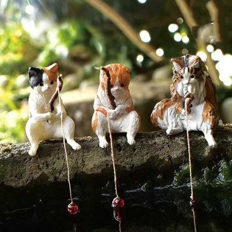 Fishing Cat Ornaments Aquarium Decoration Fish Landscaping Cartoon Cat Statue Mini Resin Figurine Home Decorations
