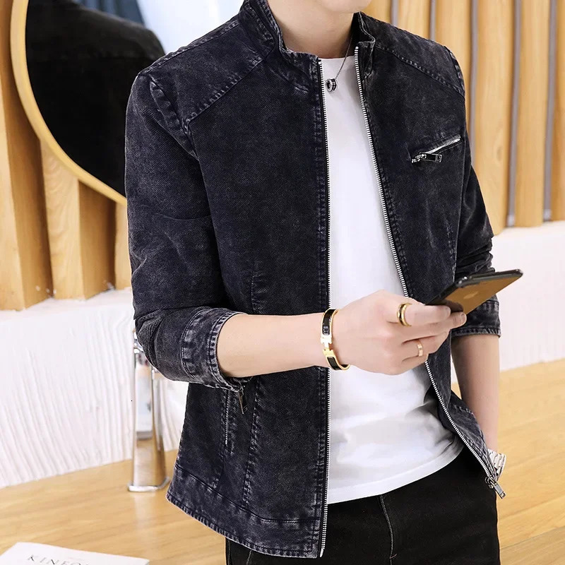 autumn mens stand up collar denim jacket fashionable retro motorcycle jacket mens long sleeved zipper casual tight jeans jacket 241108