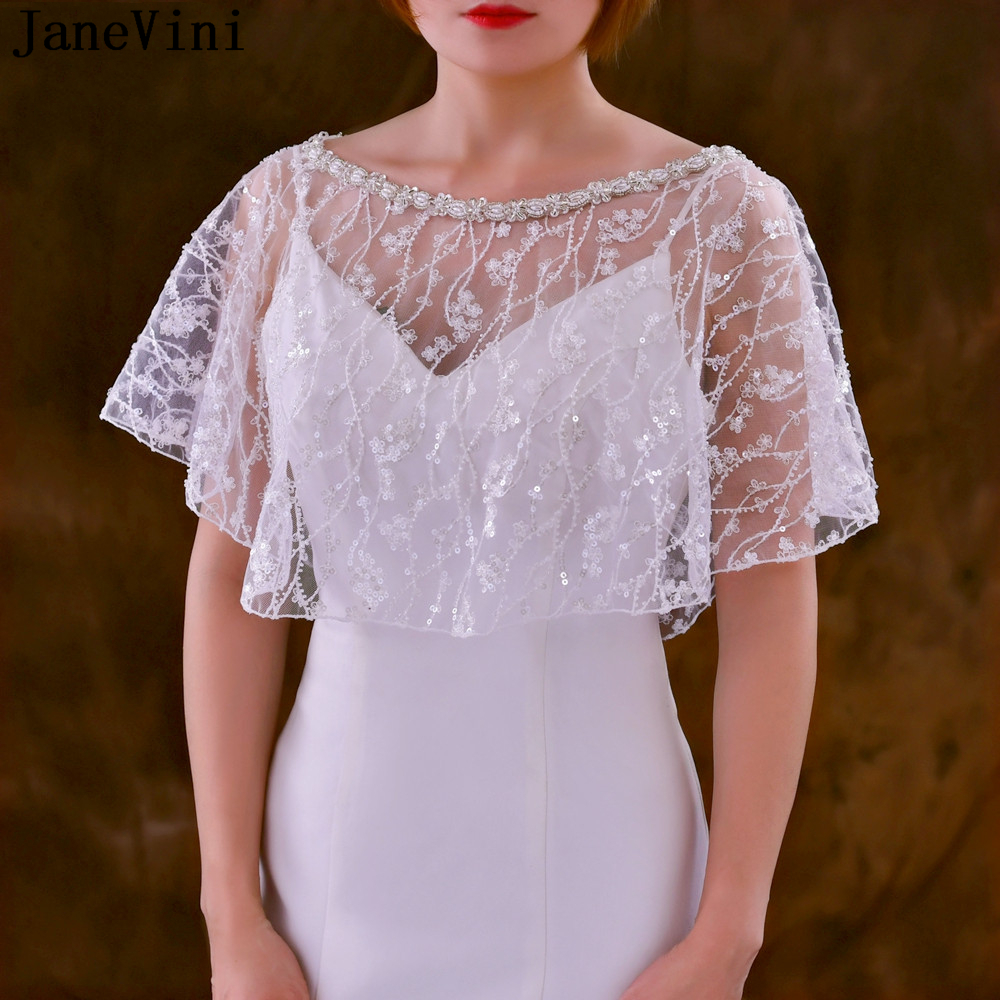 JaneVini Luxury Sequined Wedding Shawl Boleros Sparkly Beaded Pearl Bridal Coat Wraps Party Capes Tulle Lace Flowers Jacket Top